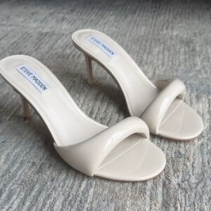 Steve Madden Penny white patent leather heeled sandals, a minimalist slide
